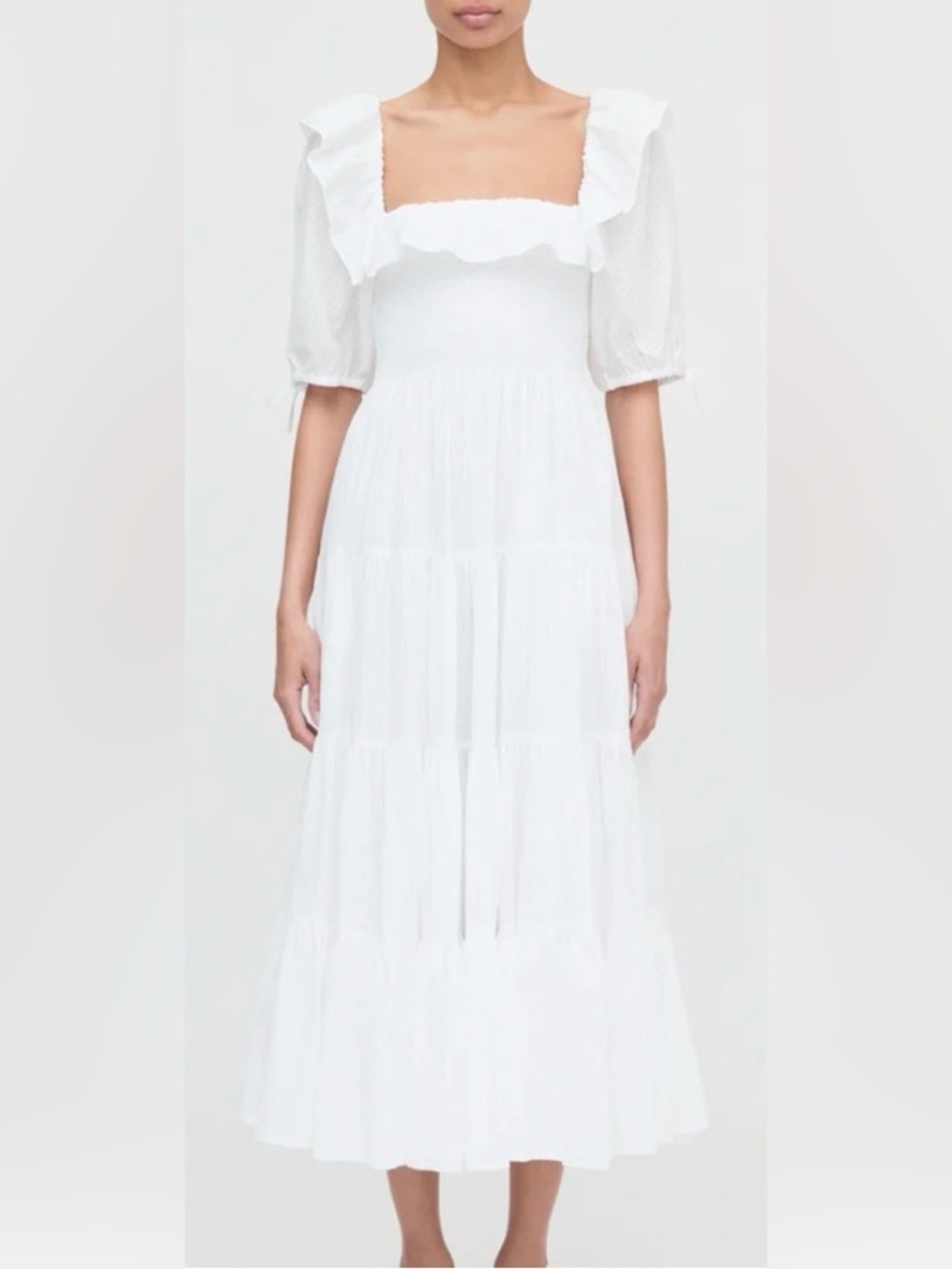 Hill House White Ruffle-Trim Tiered Maxi Dress
